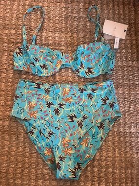 A.L.C. Turquoise Floral High-Waist Bikini Set
